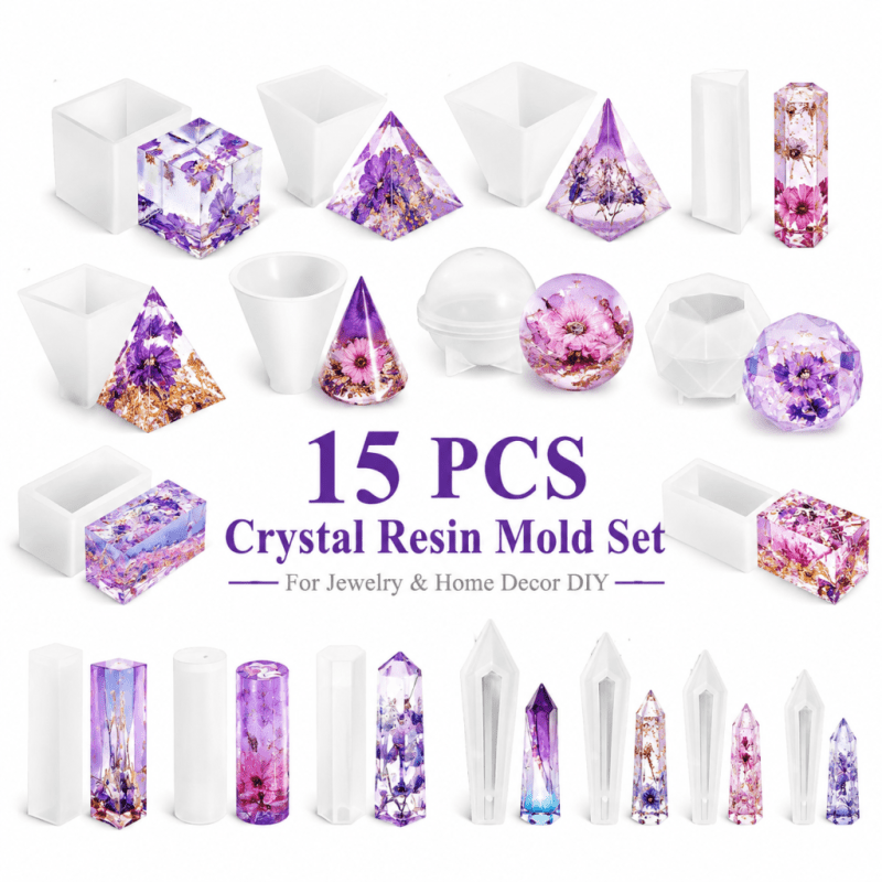 Resin Art Furniture - ชุดแม่พิมพ์ซิลิโคนเรซินคริสตัล 15 ชิ้น ดีไซน์ไม่ซ้ำใครสำหรับเก็บเครื่องประดับ ที่ใส่แหวน จี้
